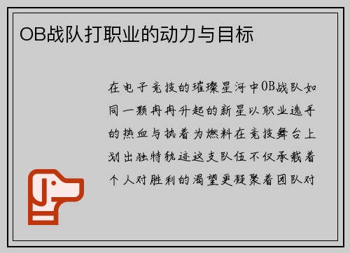 OB战队打职业的动力与目标