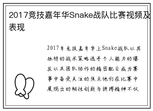 2017竞技嘉年华Snake战队比赛视频及表现