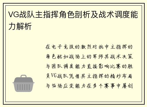 VG战队主指挥角色剖析及战术调度能力解析